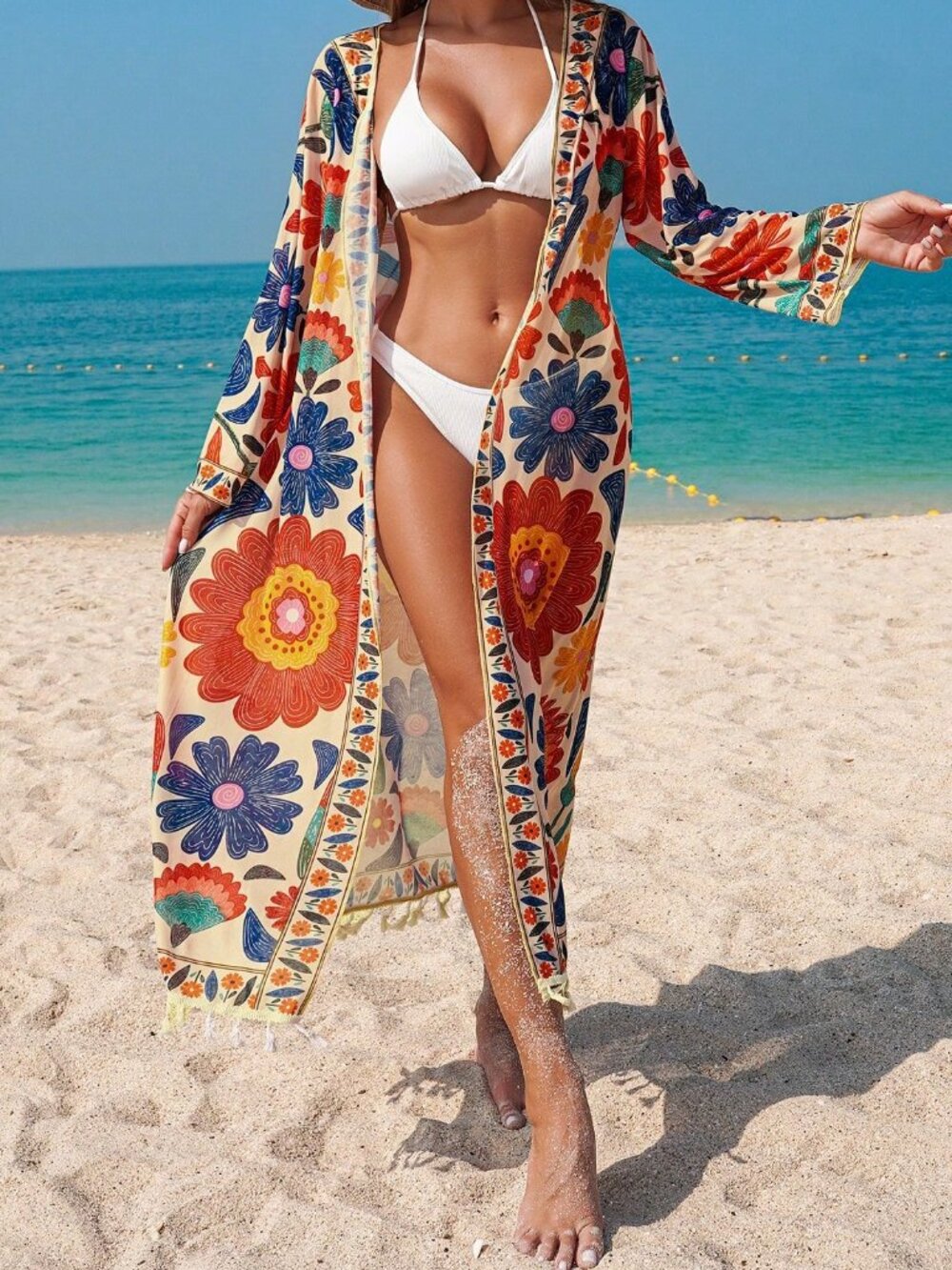Multicolor Women's Floral Print Kimono Cover Up With Detachable Belt - Picture 5 of 5